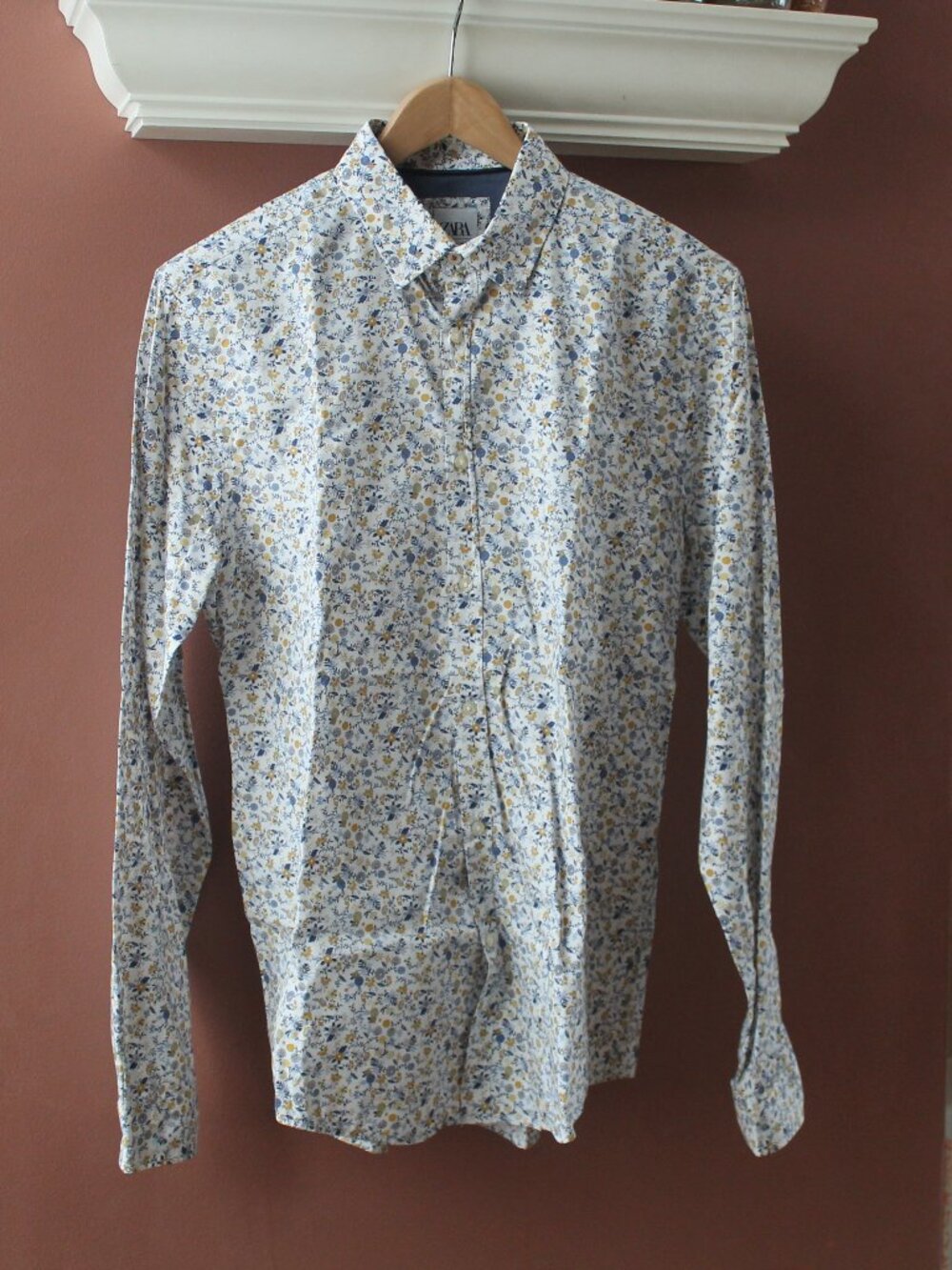 Zara Man Slim Fit Floral Button Down Shirt White Blue Yellow Small S
